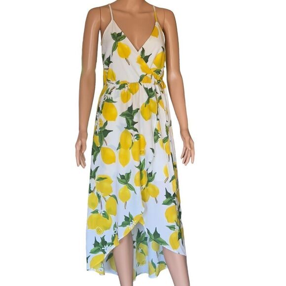 Dream of me Lemon Print Faux Wrap High Low Dress SMALL - Picture 1 of 15